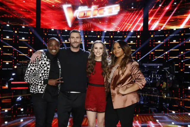 THE VOICE -- "Live Playoffs" Episode 1414C -- Pictured: (l-r) Rayshun Lamarr, Adam Levine, Jackie Verna, Sharane Calister -- (Photo by: Trae Patton/NBC)