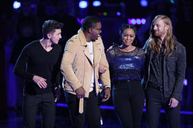 THE VOICE -- "Live Playoffs" Episode 1414C -- Pictured: (l-r) Austin Giorgio, Gary Edwards, Spensha Baker, Wilkes -- (Photo by: Tyler Golden/NBC)