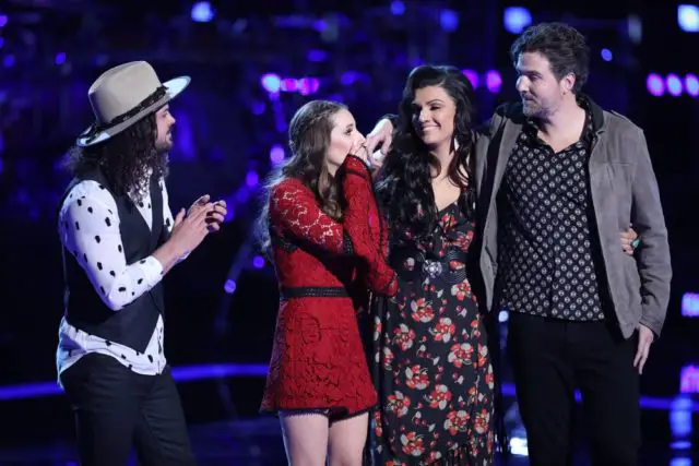 THE VOICE -- "Live Playoffs" Episode 1414C -- Pictured: (l-r) Drew Cole, Jackie Verna, Mia Boostrom, Reid Umstattd -- (Photo by: Tyler Golden/NBC)