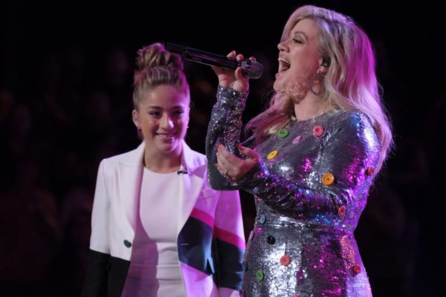 THE VOICE -- "Live Top 12" Episode 1415B -- Pictured: (l-r) Brynn Cartelli, Kelly Clarkson -- (Photo by: Trae Patton/NBC)