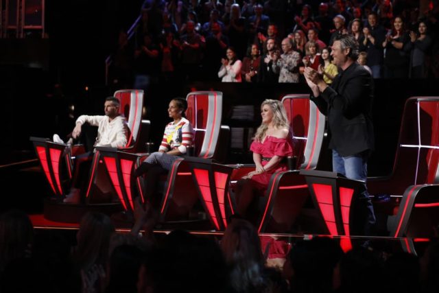 THE VOICE -- "Live Top 11" Episode 1416A -- Pictured: (l-r) Adam Levine, Alicia Keys, Kelly Clarkson, Blake Shelton -- (Photo by: Trae Patton/NBC)