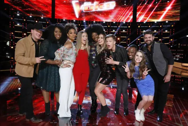 THE VOICE -- "Live Top 11" Episode 1416B -- Pictured: (l-r) Kaleb Lee, Kyla Jade, Spensha Baker, Brynn Cartelli, Christiana Danielle, Jackie Foster, Britton Buchanan, Rayshun Lamarr, Jackie Verna, Pryor Baird -- (Photo by: Trae Patton/NBC)