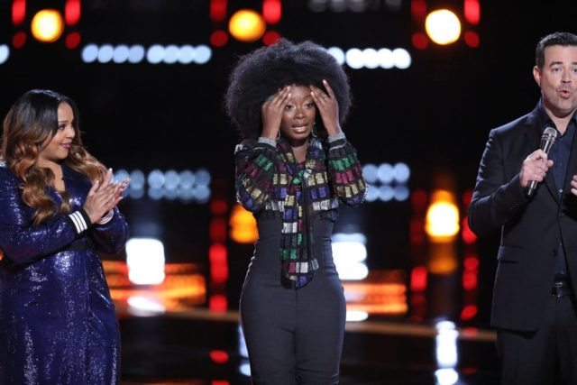 THE VOICE -- "Live Top 11" Episode 1416B -- Pictured: (l-r) Sharane Calister, Christiana Danielle, Carson Daly -- (Photo by: Tyler Golden/NBC)