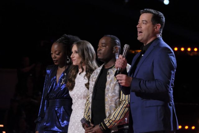 THE VOICE -- "Live Top 10" Episode 1417B -- Pictured: (l-r) Christiana Danielle, Jackie Verna, Rayshun Lamar, Carson Daly -- (Photo by: Trae Patton/NBC)