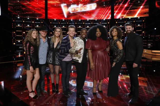 THE VOICE -- "Live Top 10" Episode 1417B -- Pictured: (l-r) Brynn Cartelli, Kaleb Lee, Jackie Foster, Britton Buchanan, Rayshun Lamarr, Kyla Jade, Spensha Baker, Pryor Baird -- (Photo by: Trae Patton/NBC)