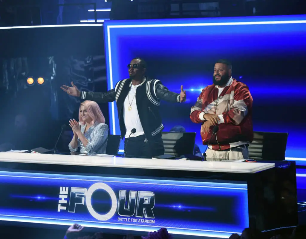 THE FOUR: BATTLE FOR STARDOM: L-R: Meghan Trainor, Sean “Diddy” Combs and DJ Khaled in the “Week One” season premiere episode of THE FOUR: BATTLE FOR STARDOM airing Thursday, June 7 (8:00-10:00 PM ET/PT) on FOX. CR: Ray Mickshaw / FOX. © 2018 FOX Broadcasting Co.