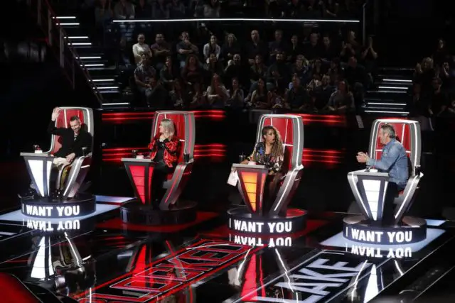 THE VOICE -- "Blind Auditions" Episode 1501 -- Pictured: (l-r) Adam Levine, Kelly Clarkson, Jennifer Hudson, Blake Shelton -- (Photo by: Trae Patton/NBC)