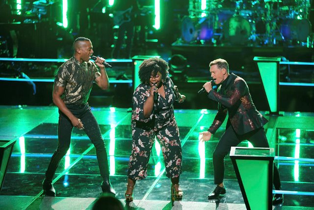 THE VOICE -- ?Battle Rounds? Episode 1508 -- Pictured: (l-r) Kymberli Joye (Center), OneUp -- (Photo by: Tyler Golden/NBC)