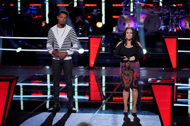 THE VOICE -- ?Battle Rounds? Episode 1508 -- Pictured: (l-r) Mike Parker, Natasia Greycloud -- (Photo by: Tyler Golden/NBC)