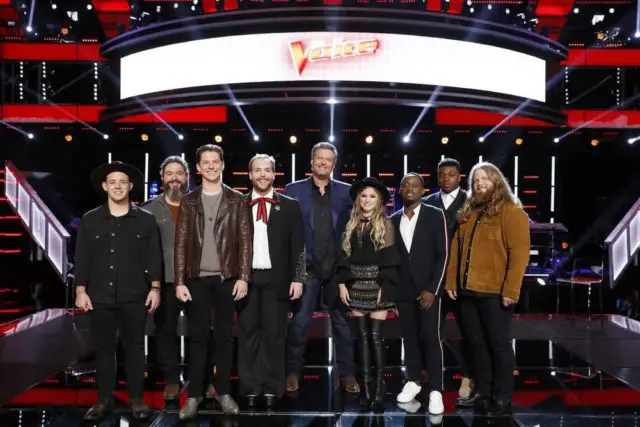 THE VOICE -- Season 15 -- Pictured: (l-r) Team Blake: Kameron Marlowe, Dave Fenley, Michael Lee, Colton Smith, Blake Shelton, Katrina Cain, Funsho,Kirk Jay, Chris Kroeze -- (Photo by: Trae Patton/NBC)