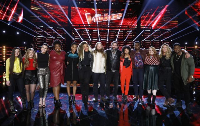 THE VOICE -- "Live Playoffs" Episode 1514B -- Pictured: (l-r) Chevel Shepherd, Sarah Grace, Reagan Strange, Kimberli Joye, Kennedy Holmes, SandyRedd, Chris Kroeze, Dave Fenley, Lynnea Moorer, Kirk Jay, Makenzie Thomas, Tyke James, Deandre Nico -- (Photo by: Trae Patton/NBC)