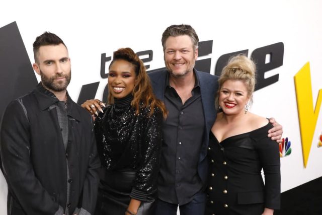 THE VOICE -- "Live Top 13" Episode 1515A -- Pictured: (l-r) Adam Levine, Jennifer Hudson, Adam Levine, Kelly Clarkson -- (Photo by: Trae Patton/NBC)