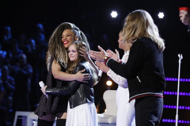 THE VOICE -- "Live Top 13 Results" Episode 1515B -- Pictured: (l-r) SandyRedd, Sarah Grace -- (Photo by: Trae Patton/NBC)