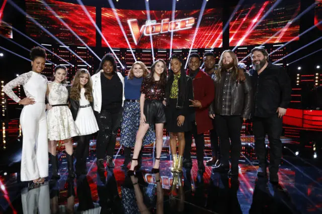 THE VOICE -- "Live Top 13 Results" Episode 1515B -- Pictured: (l-r) Lynnea Moorer, Chevel Shepherd, Sarah Grace, Kimberly Joye, Makenzie Thomas, Reagan Strange, Kennedy Holmes, DeAndre Nico, Kirk Jay, Chris Kroeze, Dave Fenley -- (Photo by: Trae Patton/NBC)