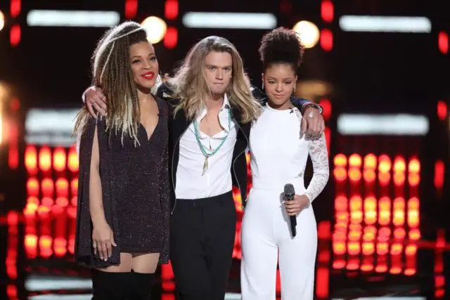 THE VOICE -- "Live Top 13 Results" Episode 1515B -- Pictured: (l-r) SandyRedd, Tyke James, Lynnea Moorer -- (Photo by: Tyler Golden/NBC)