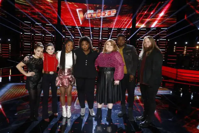 THE VOICE -- "Live Top 10 Results" Episode 1517B -- Pictured: (l-r) Sarah Grace, Chevel Shepherd, Kennedy Holmes, Kymberli Joye, Makenzie Thomas, Kirk Jay, Chris Kroeze -- (Photo by: Trae Patton/NBC)