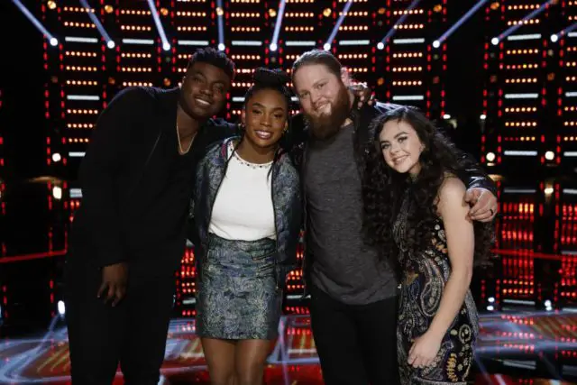 THE VOICE -- "Live Semi Finals Results" Episode 1518B -- Pictured: (l-r) Kirk Jay, Kennedy Holmes, Chris Kroeze, Chevel Shepherd -- (Photo by: Trae Patton/NBC)