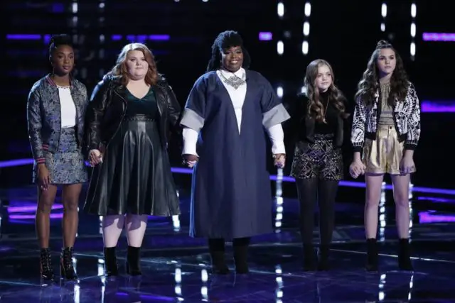 THE VOICE -- "Live Semi Finals Results" Episode 1518B -- Pictured: (l-r) Kennedy Holmes, MaKenzie Thomas, Kymberli Joye, Sarah Grace, Reagan Strange -- (Photo by: Tyler Golden/NBC)