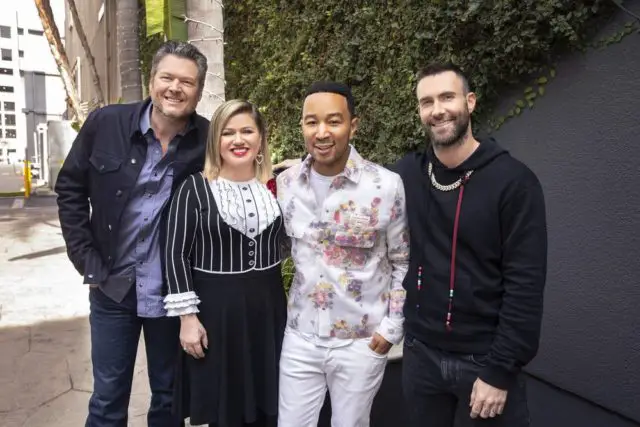 THE VOICE -- "Press Junket" -- Pictured: (l-r) Blake Shelton, Kelly Clarkson, John Legend, Adam Levine at Universal Studios, Hollywood, Ca. on February 12, 2019 -- (Photo by: Trae Patton/NBC)