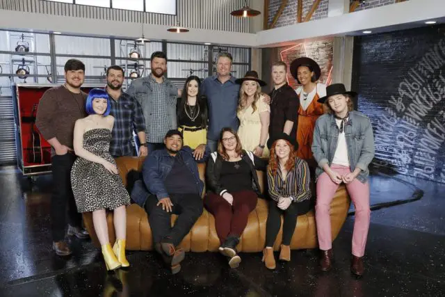 THE VOICE -- "Battle Reality" -- Pictured: (l-r) Dexter Roberts, Lili Joy, Andrew Sevener, Rod Stokes, Dalton Dover, Kendra Checketts, Blake Shelton, Kim Cherry, Hannah Kay, Gyth Rigdon, Selkii, Cecily Hennigan, Carter Lloyd Horne -- (Photo by: Trae Patton/NBC)