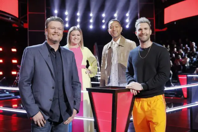 THE VOICE -- "Battle Rounds" -- Pictured: (l-r) Blake Shelton, Kelly Clarkson, John Legend, Adam Levine -- (Photo by: Trae Patton/NBC)