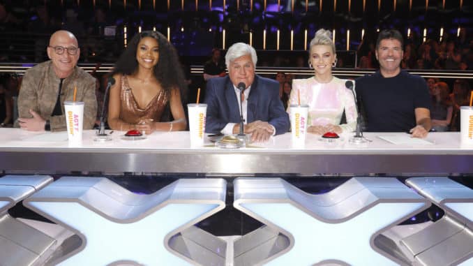 AMERICA'S GOT TALENT -- "Judge Cuts" -- Pictured: (l-r) Howie Mandel, Gabrielle Union, Jay Leno, Julianne Hough, Simon Cowell -- (Photo by: Trae Patton/NBC)