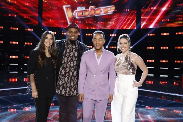 THE VOICE -- "Live Top 24 Results" Episode 1613B -- Pictured: (l-r) Celia Babini, Shawn Sounds, John Legend, Maelyn Jarmon -- (Photo by: Trae Patton/NBC)