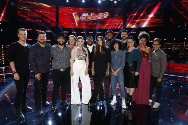 THE VOICE -- "Live Top 24 Results" Episode 1613B -- Pictured: (l-r) Gyth Rigdon, Dexter Roberts, Andrew Sevener, Carter Lloyd Horne, Maelyn Jarmon, LB Crew, Celia Babini, Shawn Sounds, Mari, Rod Stokes, Kim Cherry, Oliv Blu, Jej Vinson -- (Photo by: Trae Patton/NBC)