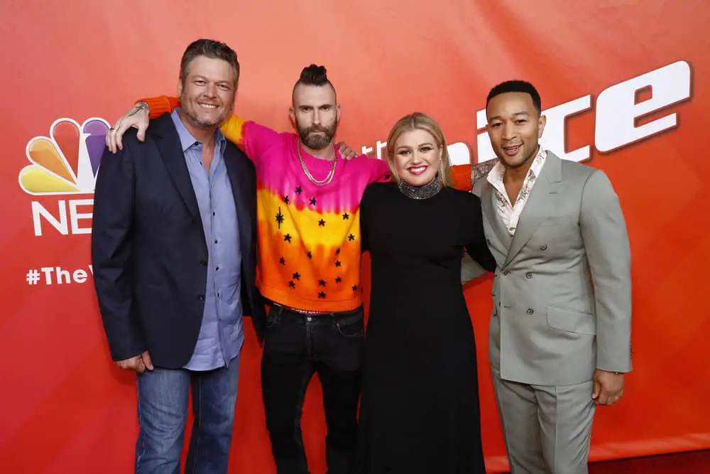 THE VOICE -- "Live Top 13" Episode 1614A -- Pictured: (l-r) Blake Shelton, Adam Levine, Kelly Clarkson, John Legend -- (Photo by: Trae Patton/NBC)