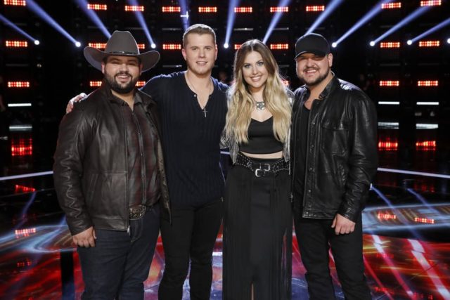 THE VOICE -- "Live Top 8 Results" Episode 1615B -- Pictured: (l-r) Andrew Sevener, Gyth Rigdon, Maelyn Jarmon, Dexter Roberts -- (Photo by: Trae Patton/NBC)