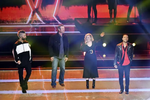 NBCUNIVERSAL UPFRONT EVENTS -- 2019 NBCUniversal Upfront in New York City on Monday, May 13, 2019 -- Pictured: (l-r) Adam Levine, Blake Shelton, Kelly Clarkson, and John Legend, "The Voice" on NBC -- (Photo by: Charles Sykes/NBCUniversal)