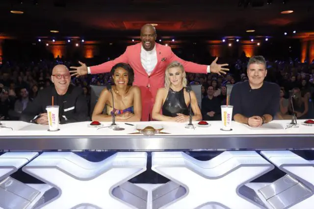 AMERICA'S GOT TALENT -- "Auditions 4" Episode 1404 -- Pictured: (l-r) Howie Mandel, Gabrielle Union, Terry Crews, Julianne Hough, Simon Cowell -- (Photo by: Trae Patton/NBC)