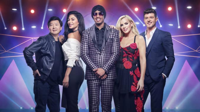 THE MASKED SINGER: L-R: Ken Jeong, Nicole Scherzinger, Nick Cannon, Jenny McCarthy and Robin Thicke in THE MASKED SINGER premiering Wednesday, Jan. 2 (9:00-10:00 PM ET/PT) on FOX. © 2019 FOX Broadcasting. CR: Michael Becker / FOX.