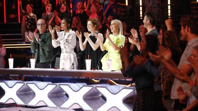 AMERICA'S GOT TALENT -- "Judge Cuts 3" Episode 1410 -- Pictured: Howie Mandel, Gabrielle Union, Ellie Kemper, Julianne Hough -- (Photo by: Trae Patton/NBC)