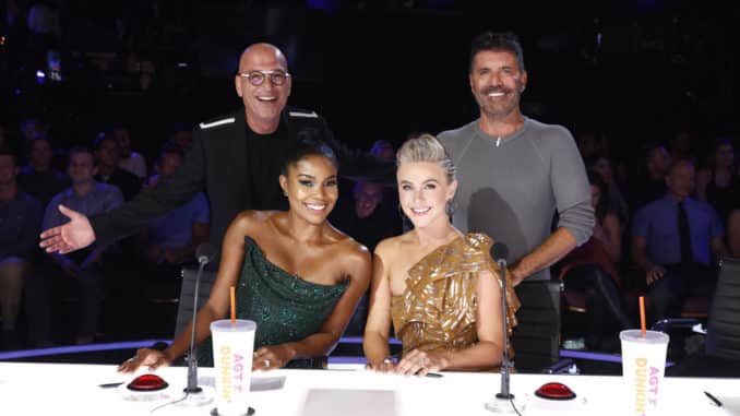 AMERICA'S GOT TALENT -- "Quarter Finals 1" Episode 1412 -- Pictured: (l-r) Howie Mandel, Gabrielle Union, Julianne Hough, Simon Cowell -- (Photo by: Trae Patton/NBC)