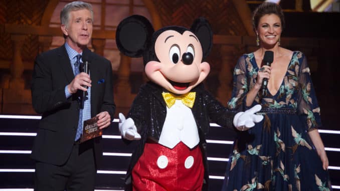 DANCING WITH THE STARS - "Disney Night" - There will be Disney magic in the ballroom as nine celebrity and pro-dancer couples compete on the fifth week of the 2019 season of "Dancing with the Stars," live, MONDAY, OCT. 14 (8:00-10:00 p.m. EDT), on ABC. (ABC/Eric McCandless) TOM BERGERON, MICKEY MOUSE, ERIN ANDREWS