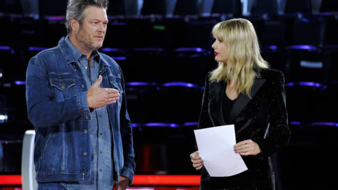 THE VOICE -- “Knockout Reality” Episode 1712 -- Pictured: (l-r) Blake Shelton, Taylor Swift -- (Photo by: Trae Patton/NBC)