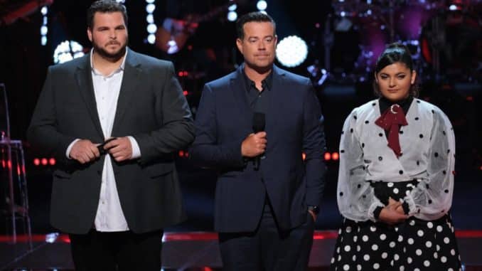 THE VOICE -- “he Battles, Part 5/The Knockouts” Episode 1711 -- Pictured: (l-r) Jake Hoot, Carson Daly, Melinda Rodriguez -- (Photo by: Justin Lubin/NBC)