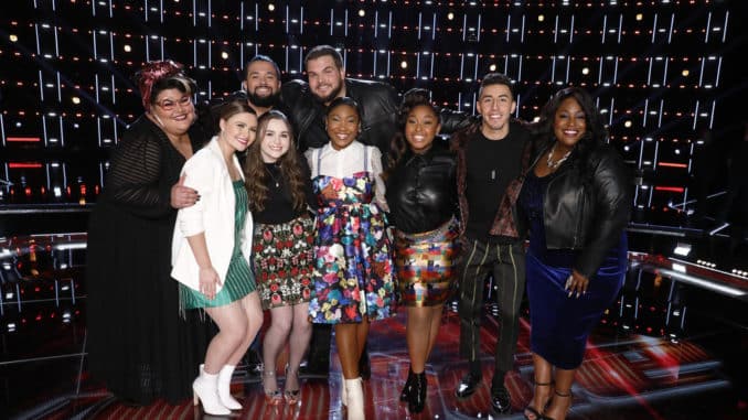 THE VOICE -- "Live Top 10 Eliminations" Episode 1718B -- Pictured: (l-r) Katie Kadan, Marybeth Byrd, Will Breman, Kat Hammock, Jake Hoot, Hello Sunday, Ricky Duran, Rose Short -- (Photo by: Trae Patton/NBC)