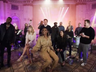 THE TONIGHT SHOW STARRING JIMMY FALLON -- Episode 1178 -- Pictured: (l-r) Jason Derulo, Taylor Swift, Jennifer Hudson, Host Jimmy Fallon, Francesca Hayward, and James Corden during "Cats 'Memory' Remix" on December 18, 2019 -- (Photo by: Andrew Lipovsky/NBC)