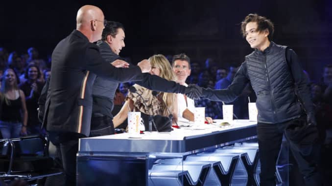 AMERICA'S GOT TALENT: THE CHAMPIONS -- "The Champions Two" Episode 201 -- Pictured: (l-r) Howie Mandel, Marc Spelmann and X, Shin Lim -- (Photo by: Trae Patton/NBC)