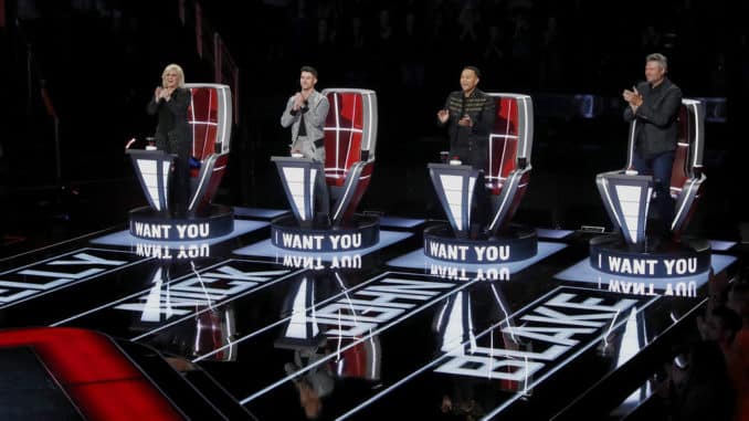 THE VOICE -- "Blind Auditions" Episode 1802 -- Pictured: (l-r) Kelly Clarkson, Nick Jonas, John Legend, Blake Shelton -- (Photo by: Trae Patton/NBC)