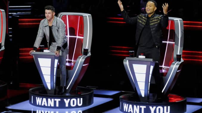 THE VOICE -- "Blind Auditions" Episode 1804 -- Pictured: (l-r) Nick Jonas, John Legend -- (Photo by: Trae Patton/NBC)