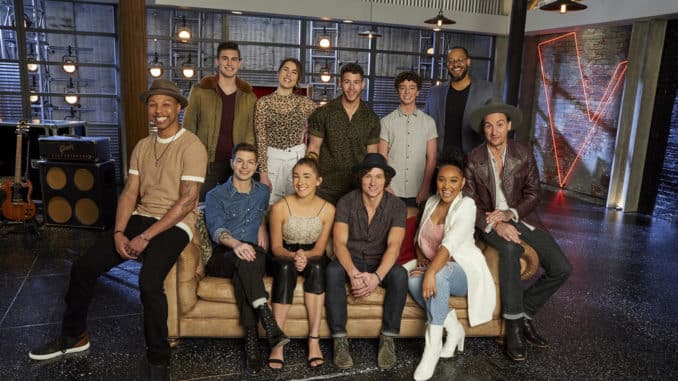 THE VOICE -- "Battle Reality" -- Pictured: (l-r) Samuel Wilco, Michael Williams, Jacob Miller, Joana Serenko, Allegra Miles, Nick Jonas, Kevin Farris, Tate Brusa, Arei Moon, Roderick Chambers, Anders Derup -- (Photo by: Trae Patton/NBC)