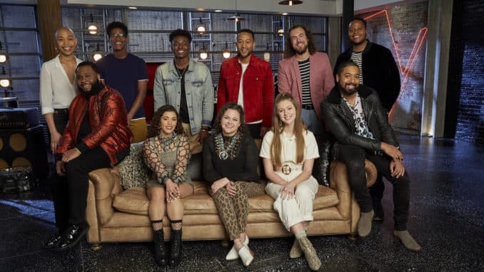 THE VOICE -- "Battle Reality" -- Pictured: (l-r) Cedrice, Darious Lyles, Thunderstorm Artis, Mandi Castillo, Cammwess, Brittney Allen, John Legend, Zan Fiskum, Zach Day, Nelson Cade III, Mike Jerel -- (Photo by: Trae Patton/NBC)