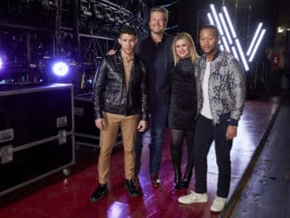 THE VOICE -- "Battle Rounds" Episode 1806 -- Pictured: (l-r) Nick Jonas, Blake Shelton, Kelly Clarkson, John Legend -- (Photo by: Trae Patton/NBC)