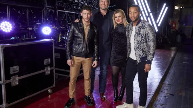 THE VOICE -- "Battle Rounds" Episode 1806 -- Pictured: (l-r) Nick Jonas, Blake Shelton, Kelly Clarkson, John Legend -- (Photo by: Trae Patton/NBC)