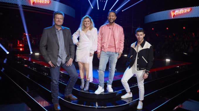 THE VOICE -- "Knockout Rounds" Episode 1809 -- Pictured: (l-r) Blake Shelton, Kelly Clarkson, John Legend, Nick Jonas -- (Photo by: Trae Patton/NBC)