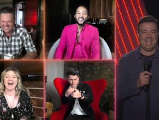 THE VOICE -- "Top 9 Performances" Episode 1812A -- Pictured in this screen grab: (top row l-r) Blake Shelton, John Legend; (bottom row l-r) Kelly Clarkson, Nick Jonas, (right) Carson Daly -- (Photo by: NBC)