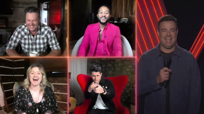 THE VOICE -- "Top 9 Performances" Episode 1812A -- Pictured in this screen grab: (top row l-r) Blake Shelton, John Legend; (bottom row l-r) Kelly Clarkson, Nick Jonas, (right) Carson Daly -- (Photo by: NBC)